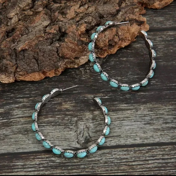 Beautiful Boho Turquoise and Silver Hoop Earrings - Picture 3 of 6